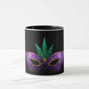 Mardi Gras Mask Lila Grönt Guld Sparkles black Mugg