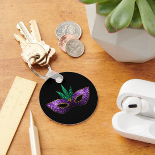 Mardi Gras Mask Lila Grönt Guld Sparkles black Nyckelring