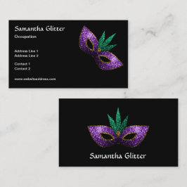 Mardi Gras Mask Lila Grönt Guld Sparkles Black Visitkort