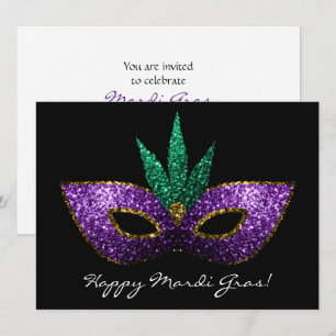 Mardi Gras Mask Lila Grönt Guld Sparkles Inbjudan