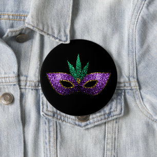 Mardi Gras Mask Lila Grönt Guld Sparkles Knapp