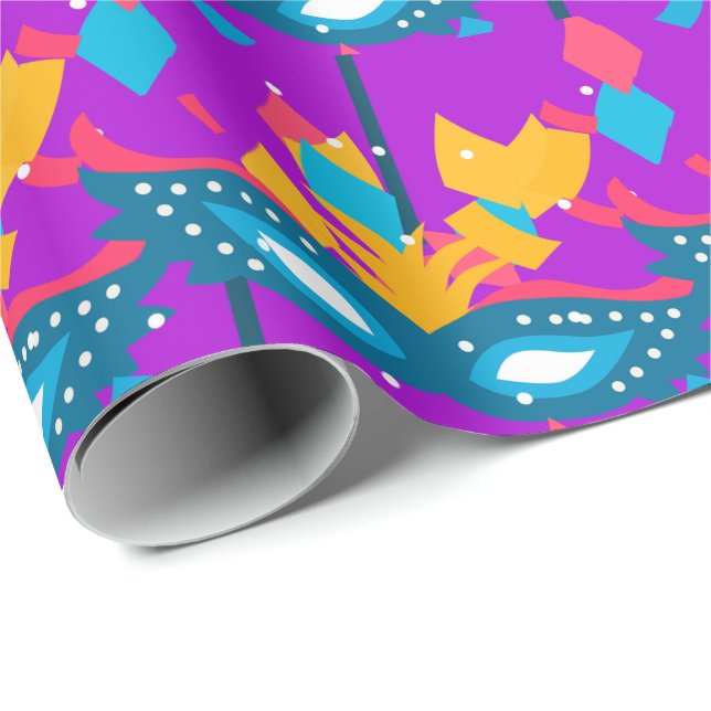Mardi Gras Mask och confetti på Lila Presentpapper (Rullad Hörn)