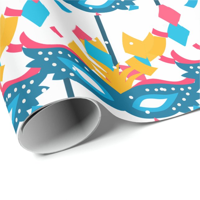 Mardi Gras Mask och confetti på vitt Presentpapper (Rullad Hörn)