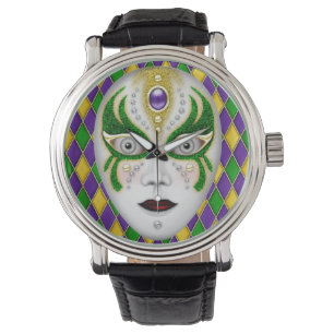 Mardi Gras Mask på Harlequin Background Armbandsur