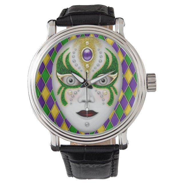 Mardi Gras Mask på Harlequin Background Armbandsur (Framsida)