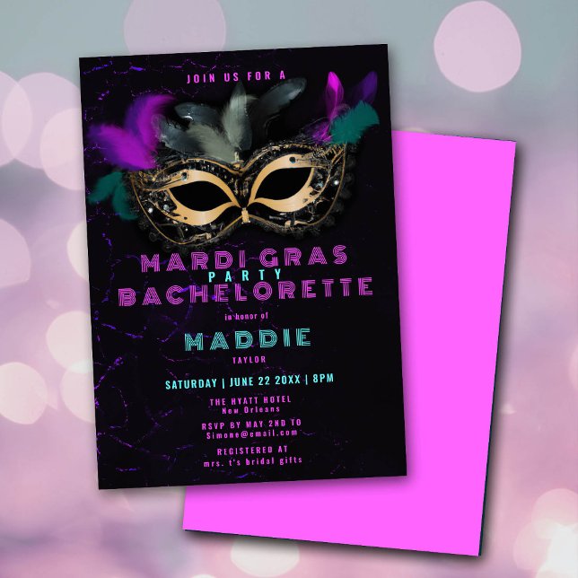 Mardi Gras Mask Rosa Neon Nola Bachelorette Party Inbjudningar (Skapare uppladdad)