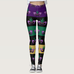 Mardi Gras Mask Sparkly Lila Grönt linjer Leggings