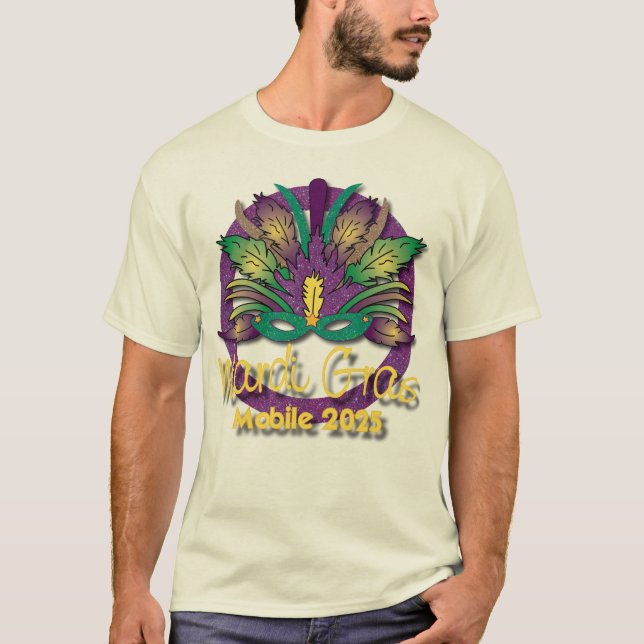 Mardi Gras Mask T-shirt 2025 - Mobile, AL (vit) (Framsida)