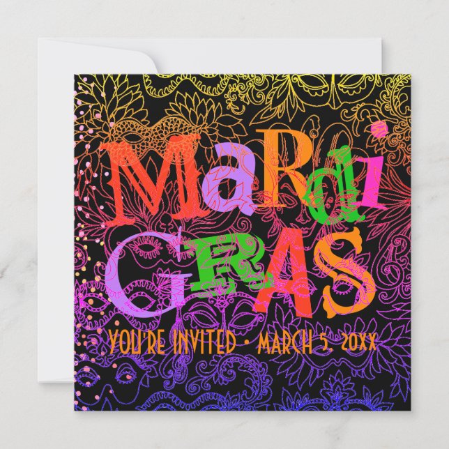 Mardi Gras-masker Färgrik typografi Fyrkant Inbjudningar (Framsida)