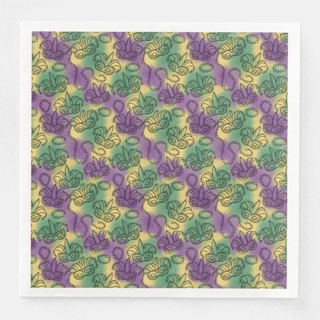 Mardi Gras-masker och pärlor Doodle Art-stil Pappersservett (Framsida)