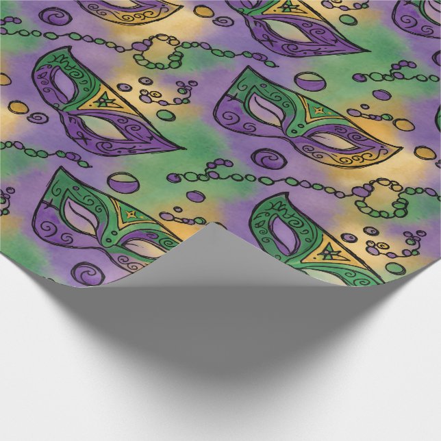 Mardi Gras-masker och pärlor lila grön gul Presentpapper (Hörn)