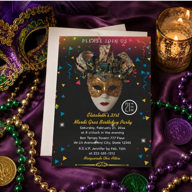 Mardi Gras-maskerad 21-årsfest Inbjudningar (Mardi Gras Mask 21st Birthday Party Invitation)