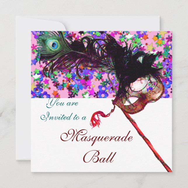 MARDI GRAS MASKERAD & KONFETTI vit lila rosa Inbjudningar (Framsida)