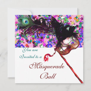 MARDI GRAS MASKERAD & KONFETTI vit lila rosa Inbjudningar
