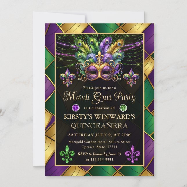 Mardi Gras Maskerad Quinceañera Inbjudningar (Framsida)