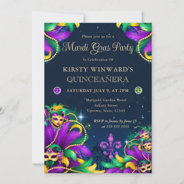 Mardi Gras Maskerad Quinceanera Inbjudningar (Framsida)