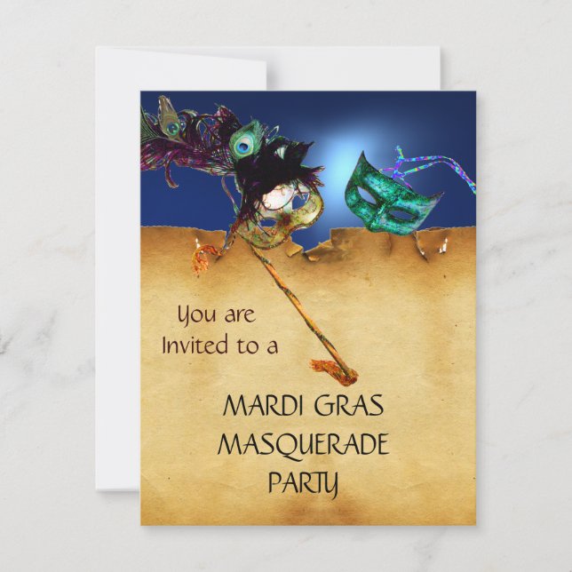MARDI GRAS MASKERADE FEST papper Gult blått Inbjudningar (Framsida)