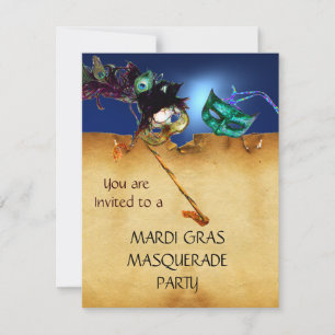 MARDI GRAS MASKERADE FEST papper Gult blått Inbjudningar
