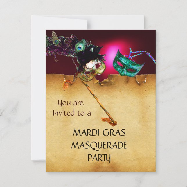MARDI GRAS MASKERADE FEST, röd burgunder Inbjudningar (Framsida)