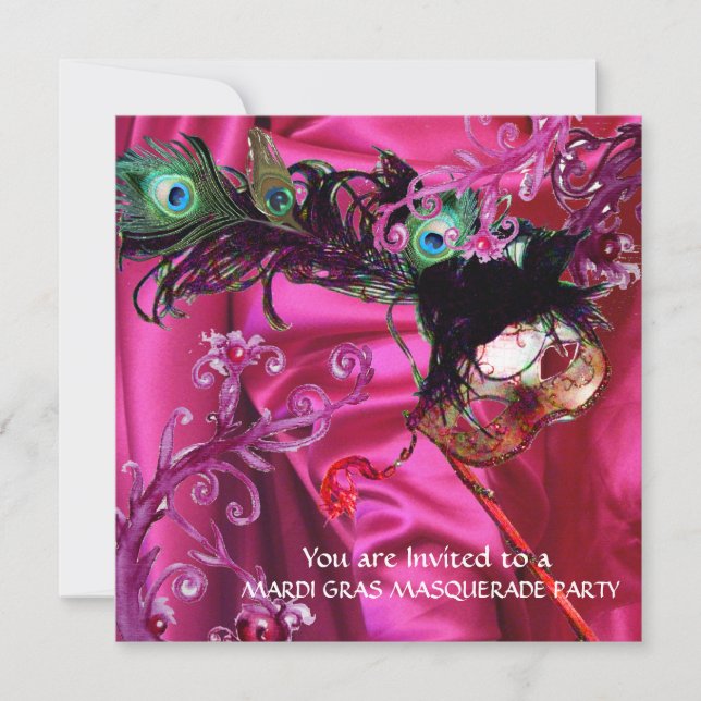 MARDI GRAS MASKERADEFEST, FUCHSIA SILKESDUK INBJUDNINGAR (Framsida)