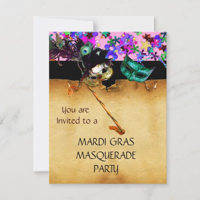 MARDI GRAS MASKERADEFEST, Gul konfetti Inbjudningar (Framsida)