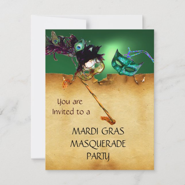 MARDI GRAS MASKERADEFEST, orange grön Inbjudningar (Framsida)