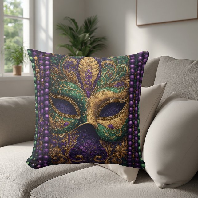 Mardi Gras Maskeradmask Goldpärl Fleur-de-Lis Kudde (Mardi gras Masquerade Mask Gold Bead Fleur-de-Lis Throw Pillow)
