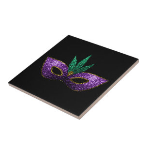 Mardi Gras maskerar gröna guld- Sparkles för lilor Kakelplatta