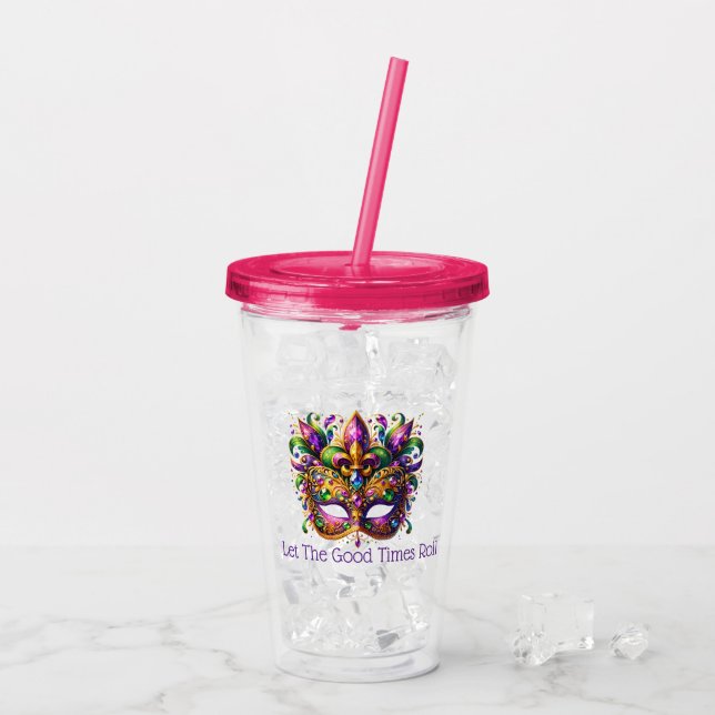Mardi Gras-maskinspirerad akrylkopp med sugrör Take Away Mugg (Baksida Ice)