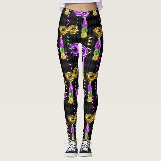 Mardi Gras-maskmönster guld lila Leggings (Framsida)