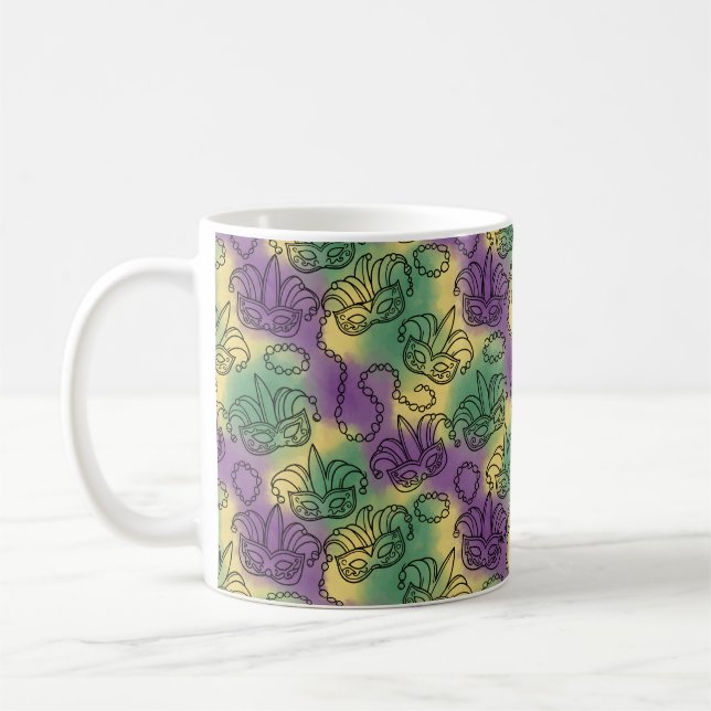 Mardi Gras Masks and Beads Doodle Art Style Kaffemugg (Vänster)