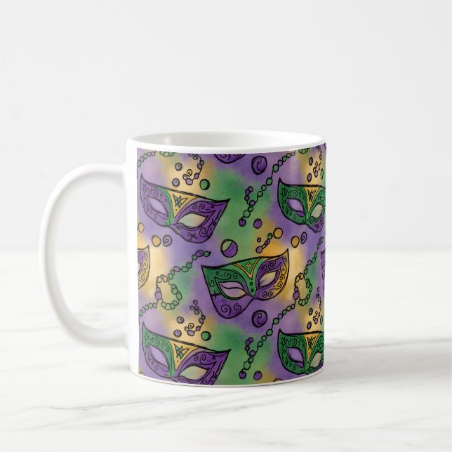 Mardi Gras Masks and Beads Purple Green Yellow Kaffemugg (Vänster)