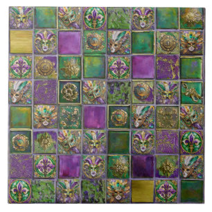 Mardi Gras Masks Feathers Fleur de lis Tile Print Kakelplatta