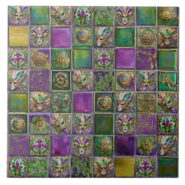 Mardi Gras Masks Feathers Fleur de lis Tile Print Kakelplatta (Framsidan)