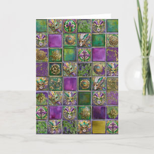 Mardi Gras Masks Feathers Fleur de lis Tile Print Tack Kort