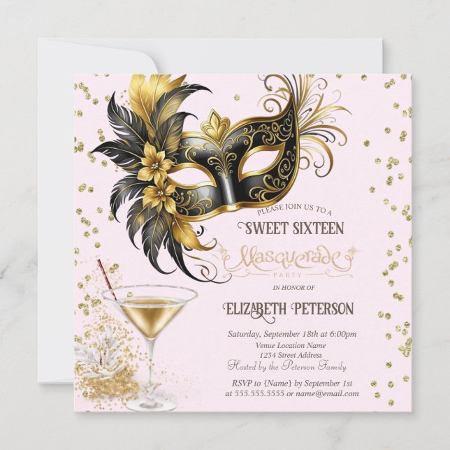 Mardi Gras Masque Diamanter Champagne Sweet 16   Inbjudningar (Framsida)