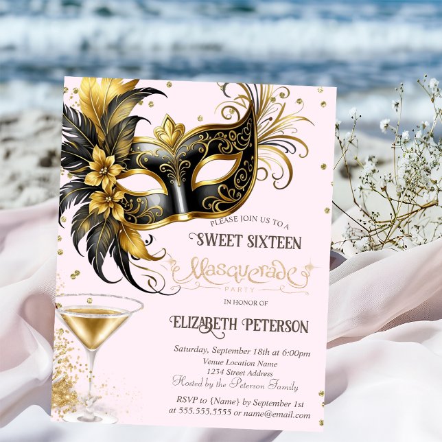 Mardi Gras Masque Diamanter Champagne Sweet 16   Inbjudningar (Skapare uppladdad)