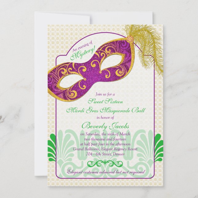 Mardi Gras Masqueraade Boll Sweet 16 Birthday Inbjudningar (Framsida)