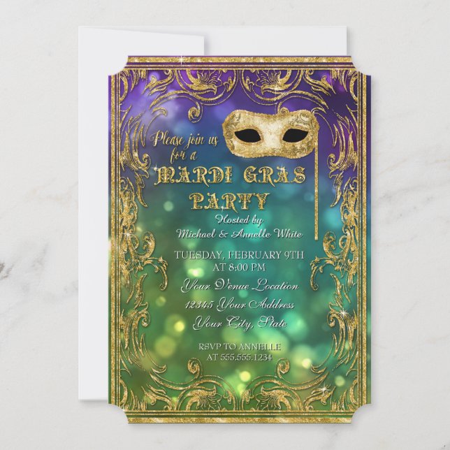 Mardi Gras Masquerad Mask Bokeh Guld Glitter Inbjudningar (Framsida)