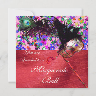 MARDI GRAS MASQUERADE & CONFETTI röd siden Inbjudningar