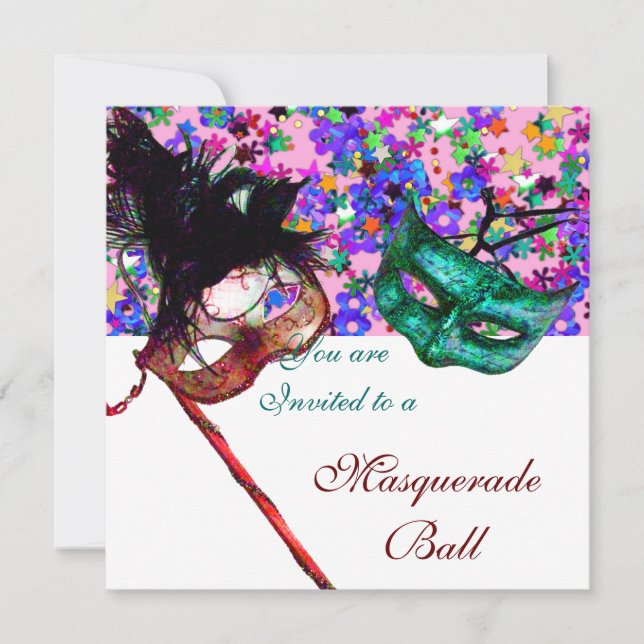 MARDI GRAS MASQUERADE & CONFETTI vit rosa blå Inbjudningar (Framsida)