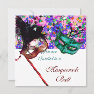 MARDI GRAS MASQUERADE & CONFETTI vit rosa blå Inbjudningar