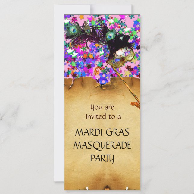 MARDI GRAS MASQUERADE FEST, blå röd konfetti Inbjudningar (Framsida)