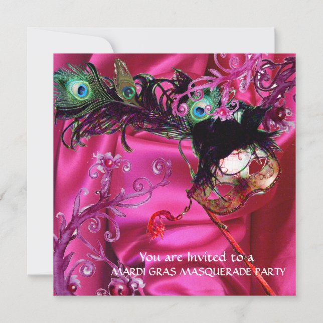 MARDI GRAS MASQUERADE FEST, FUCHSIA SILKESDUK INBJUDNINGAR (Framsida)