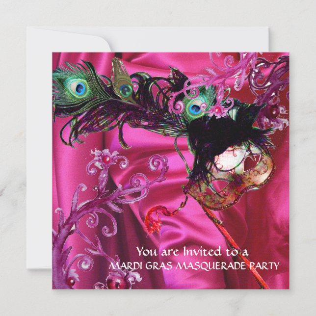 MARDI GRAS MASQUERADE FEST, FUCHSIA SILKESDUK INBJUDNINGAR (Framsida)