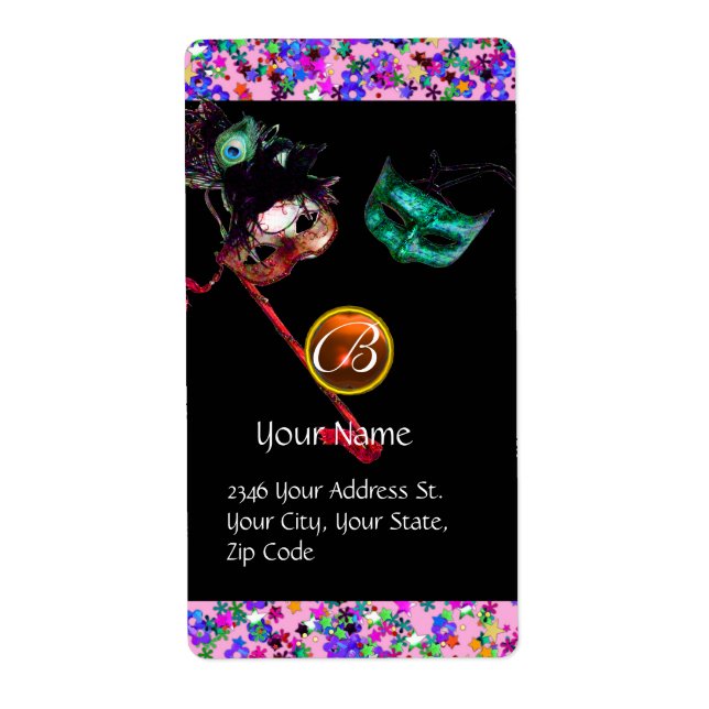 MARDI GRAS MASQUERADE Konfetti gem monogram svart Fraktsedel (Framsidan)