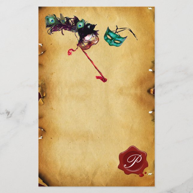 MARDI GRAS MASQUERADE Parchment Vax Seal Monogram Brevpapper (Framsida)