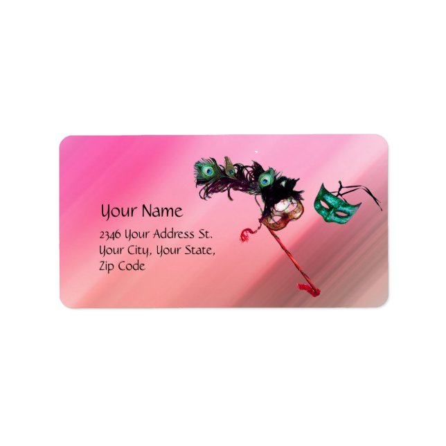 MARDI GRAS MASQUERADE rosa fuchsia blue Black silk Adressetikett (Framsidan)