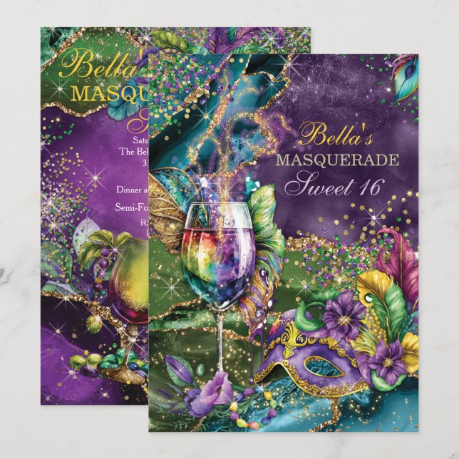 Mardi Gras MasqueraFödelsedagsfest inbjudan (Fram/baksida)