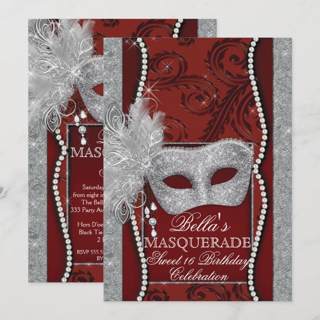 Mardi Gras MasqueraFödelsedagsfest inbjudan (Fram/baksida)